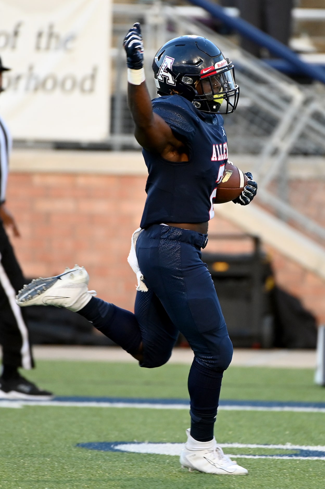 Allen’s Jaylen Jenkins celebrate as he runs the opening kickoff of the 2021 season back for...