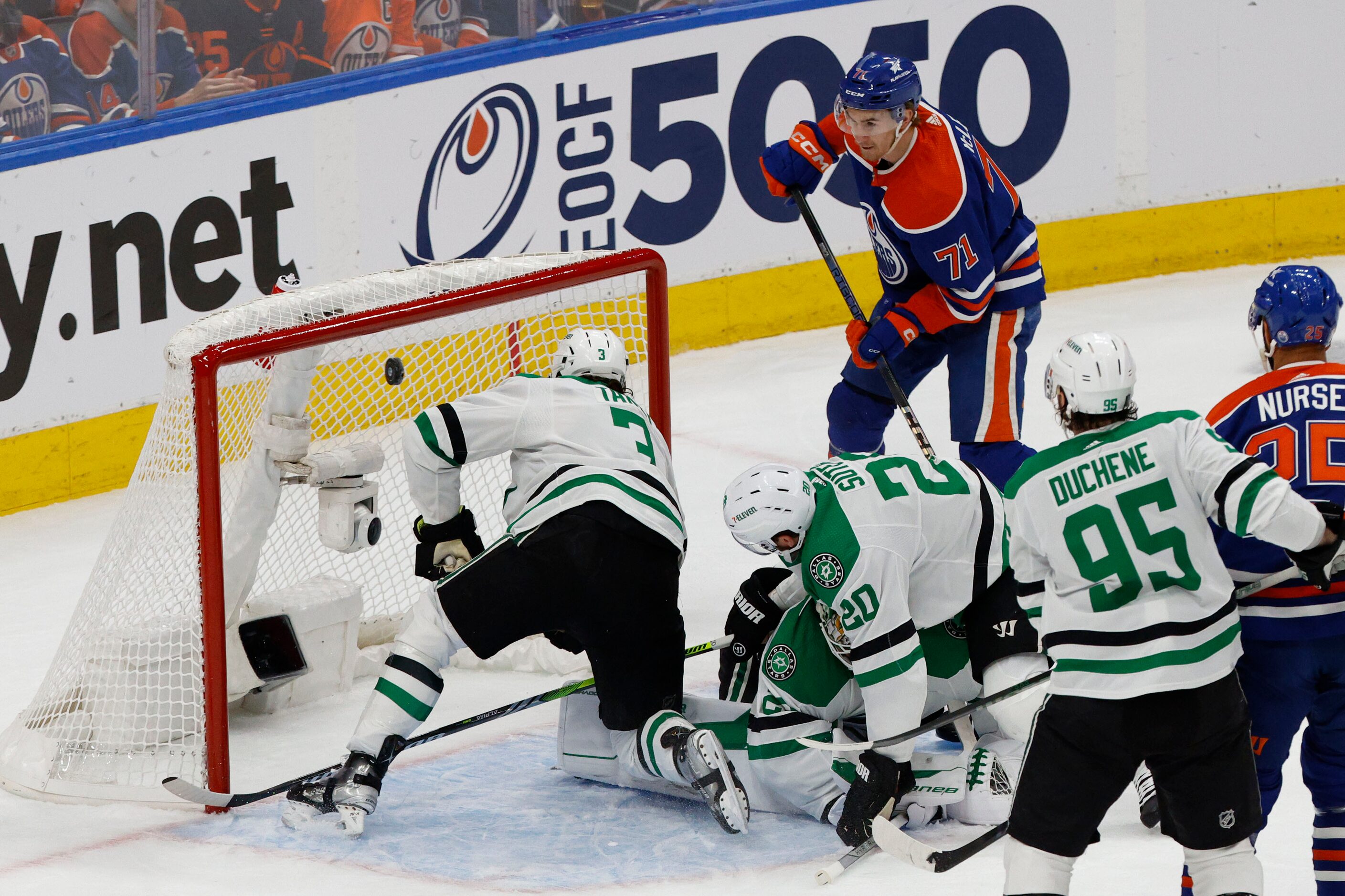 Edmonton Oilers center Ryan McLeod (71) scores a goal against Dallas Stars goaltender Jake...