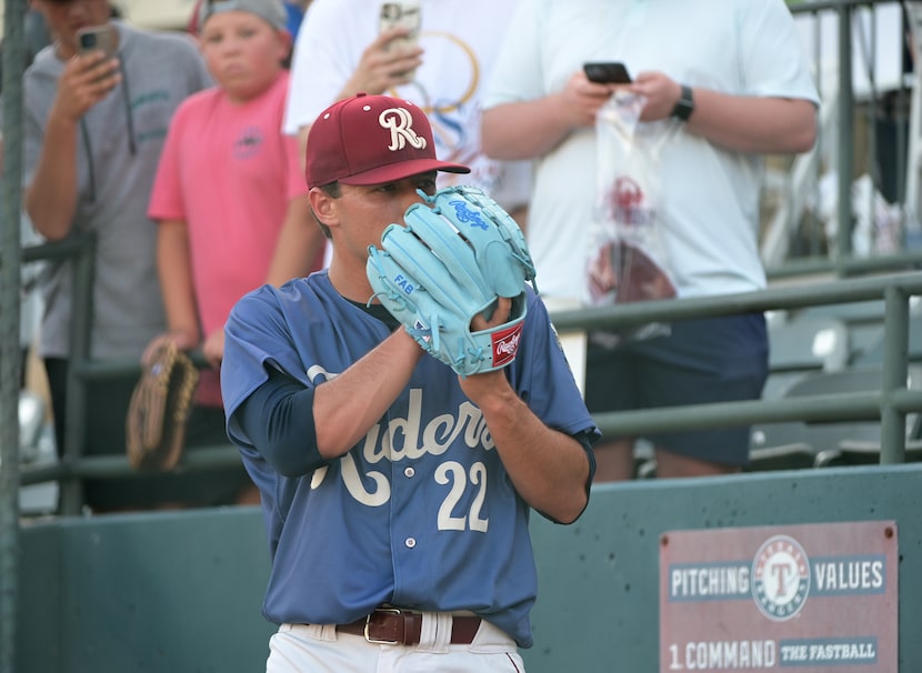 Frisco RoughRiders pitcher Jack Leiter (22) warms up in the bullpen before a minor league...