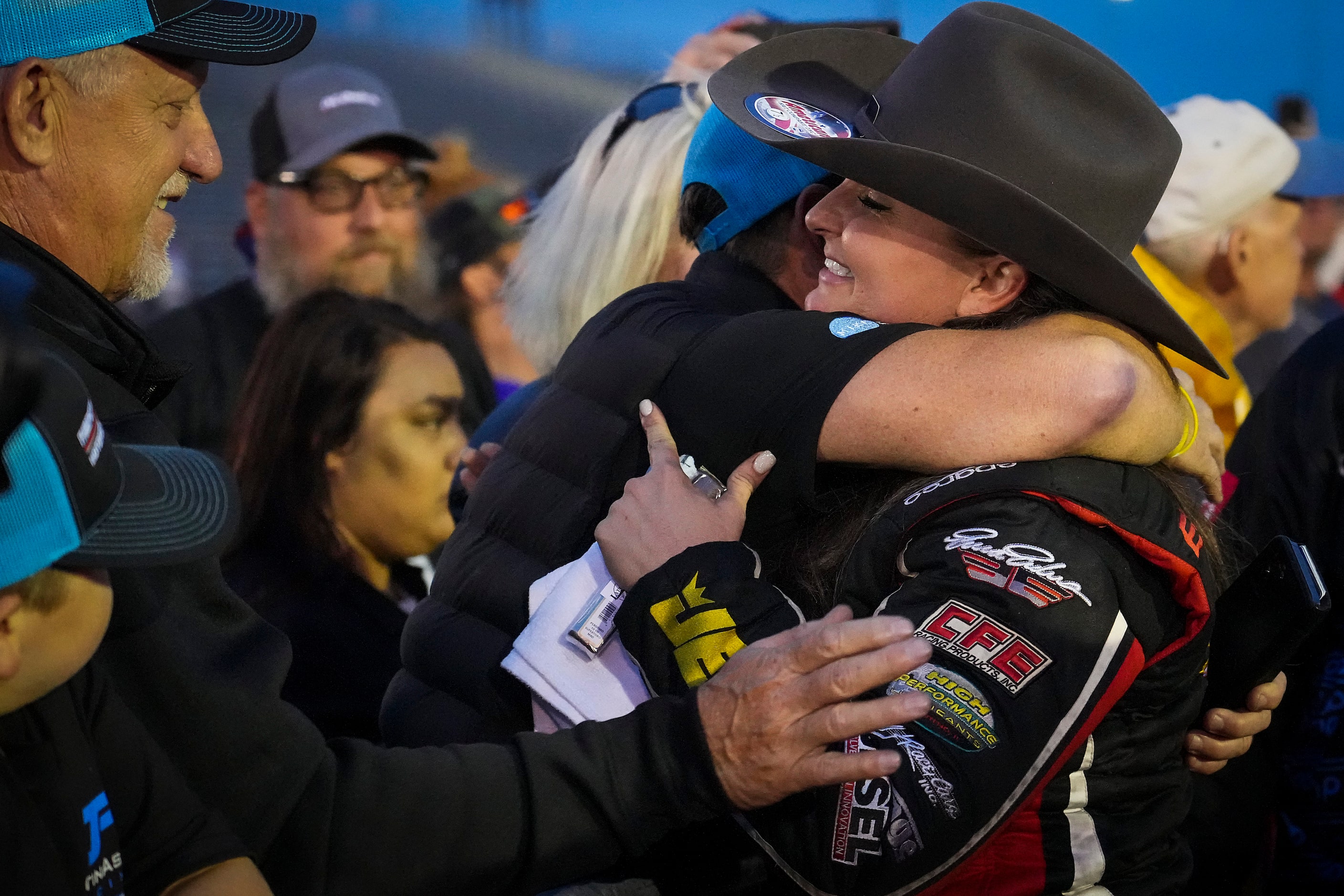 Erica Enders	celebrates after her Pro Stock at the Texas NHRA FallNationals auto races at...