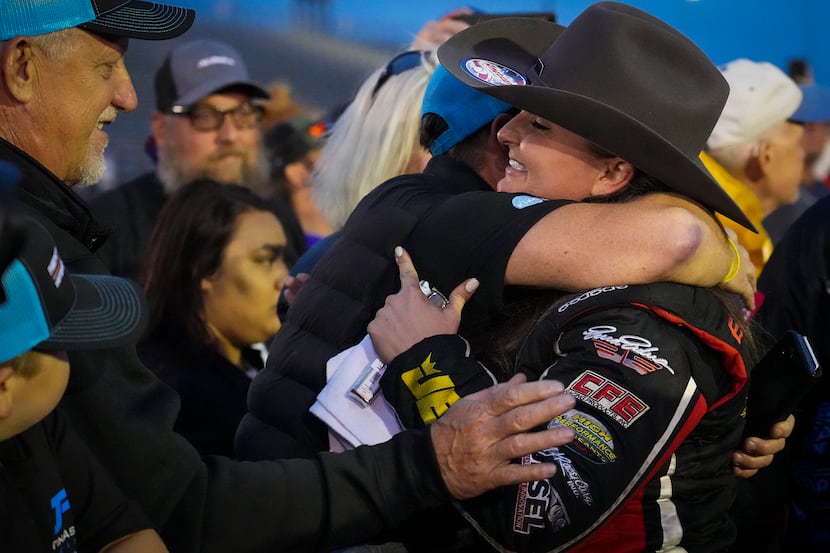 Erica Enders	celebrates after her Pro Stock at the Texas NHRA FallNationals auto races at...