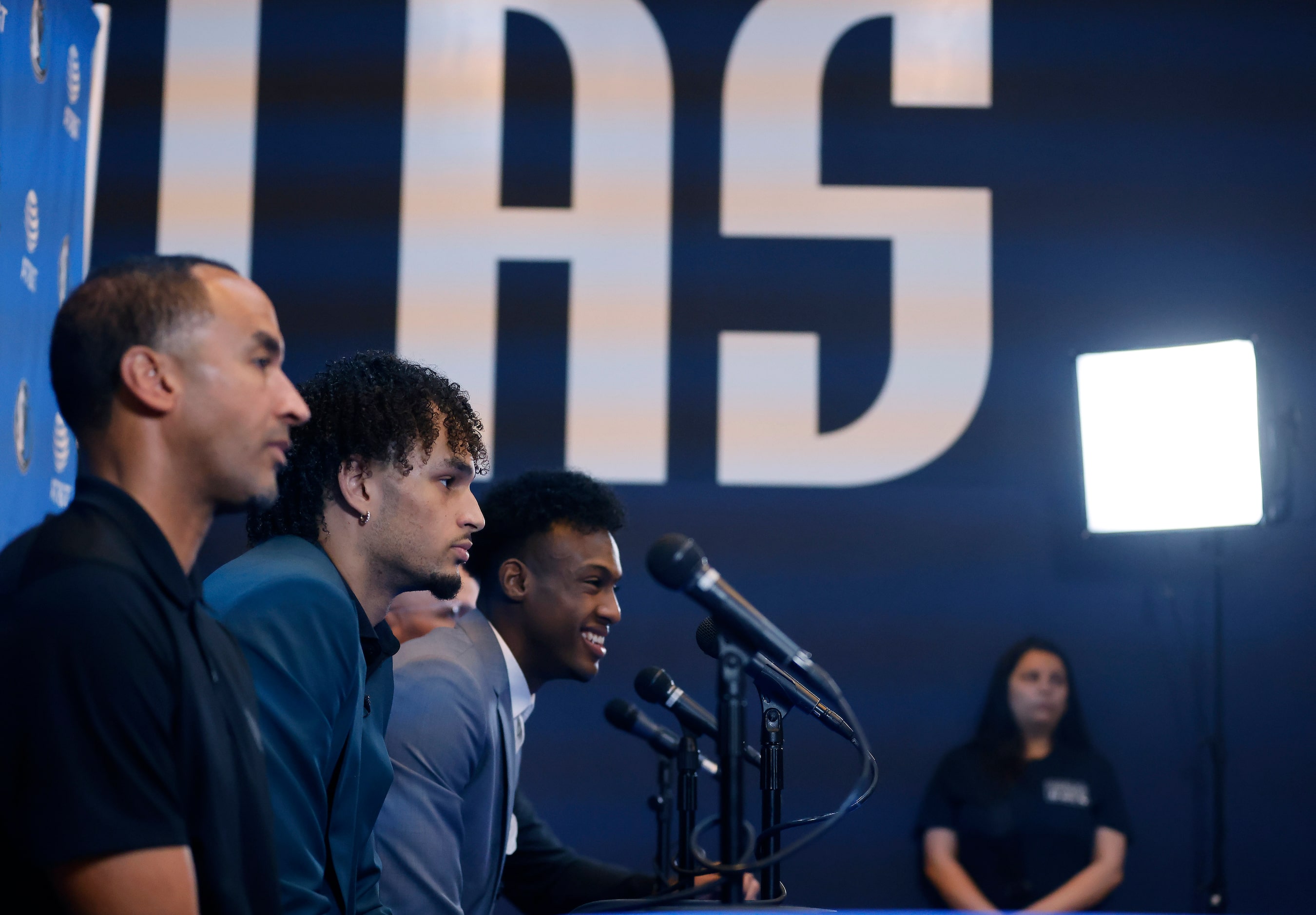 Newly drafted Dallas Mavericks players Dereck Lively II of Duke (second from left) and...