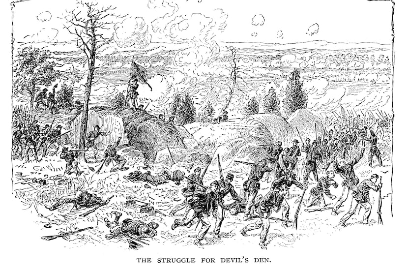 Struggle for Devil's Den in Gettysburg , 1887 Engraving