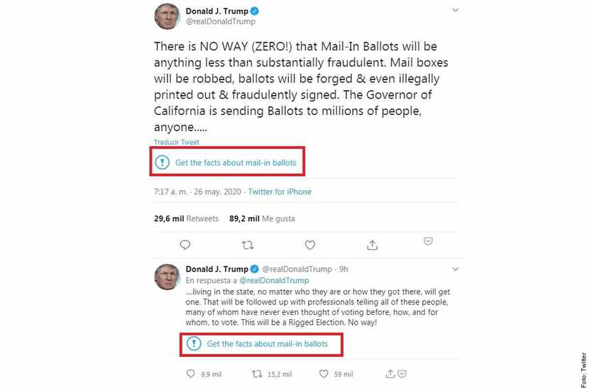 Twitter colocó marcas de advertencia sobre información falsa a dos tuits del Presidente...