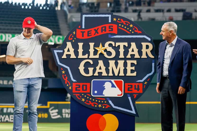 The official logo for the 2024 All-Star Game is presented at Globe Life Field in Arlington...