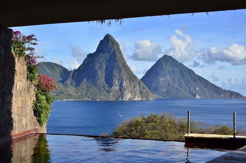 The view of St. Lucia's iconic Pitons from the exclusive suites at Jade Mountain. 