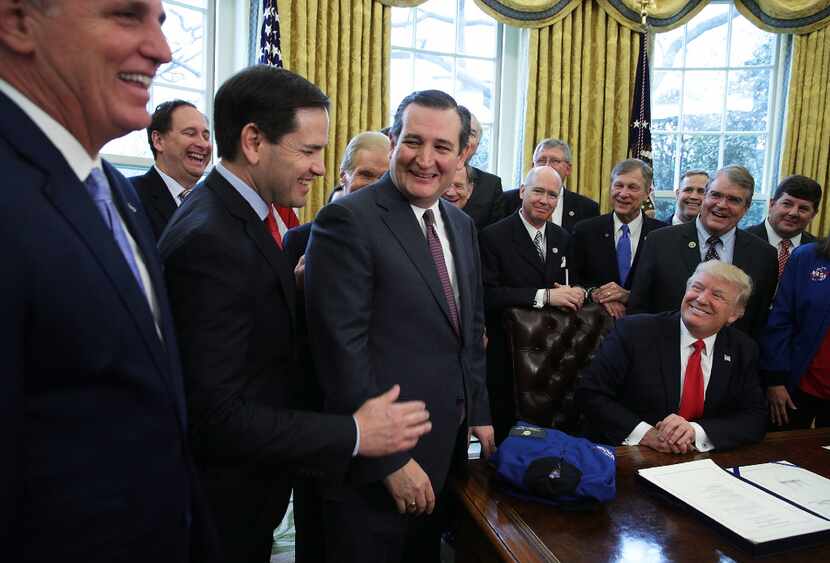 WASHINGTON, DC - MARCH 21:  U.S. Sen Marco Rubio (R-FL) (L) and Sen. Ted Cruz (R-TX) (R)...