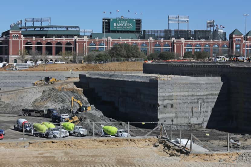Construction continues on the new Texas Rangers baseball stadium in Arlington, Texas as the...