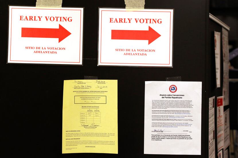 Voting signs and directions located on doors at Fretz Park Branch Dallas Public Library in...