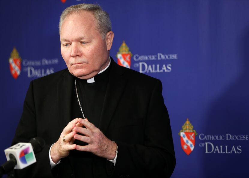 Dallas Bishop Edward J. Burns spoke during a news conference at the Catholic Diocese of...