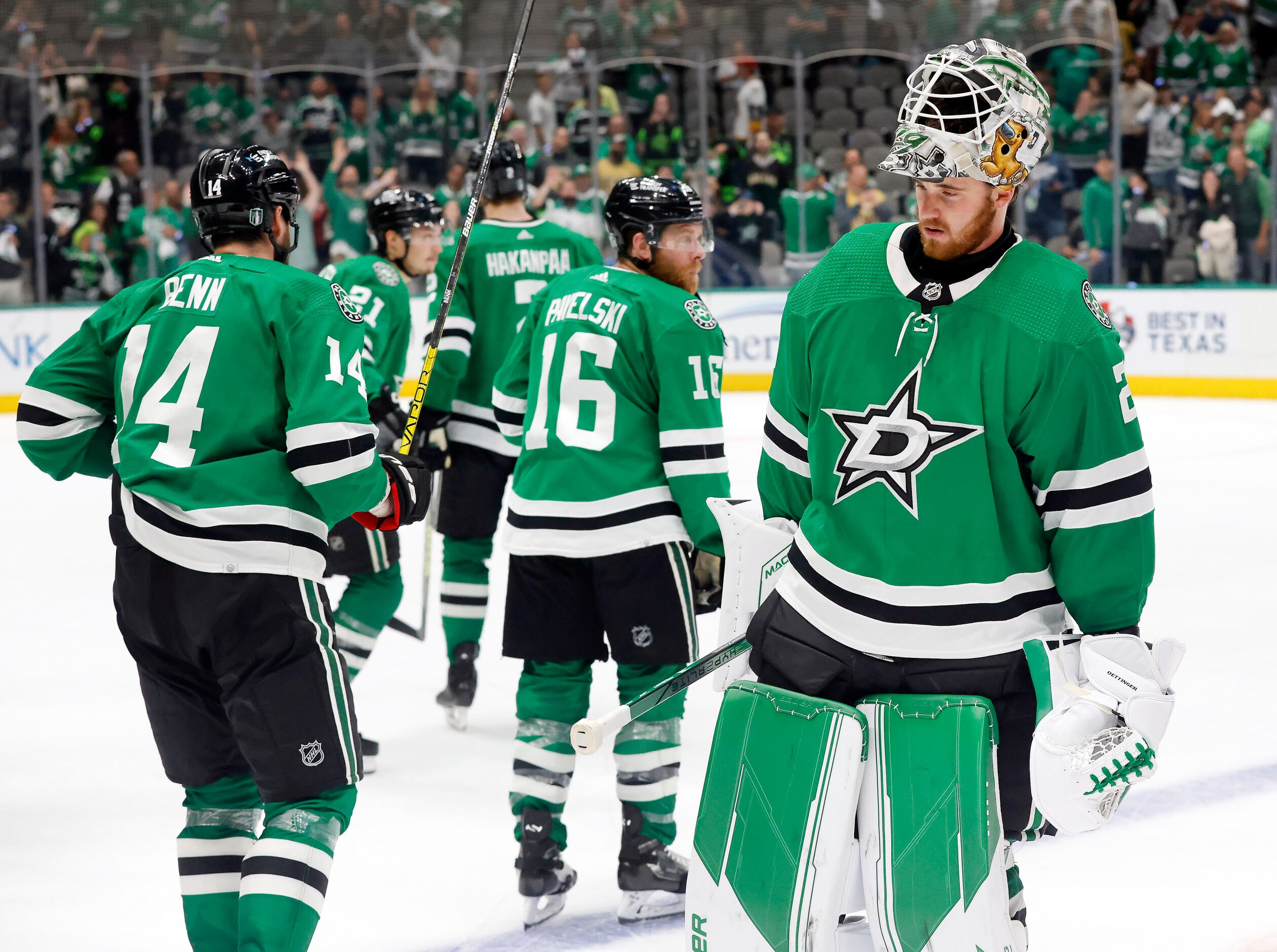 Dallas Stars goaltender Jake Oettinger (29) skates to the locker room after losing 6-0...