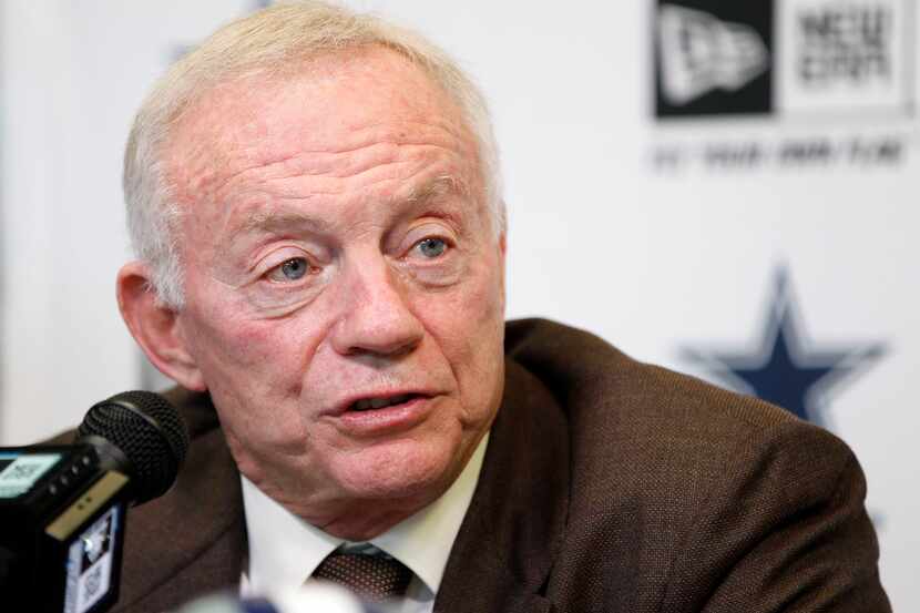 Dallas Cowboys owner Jerry Jones talks during the annual pre-draft press conference at...
