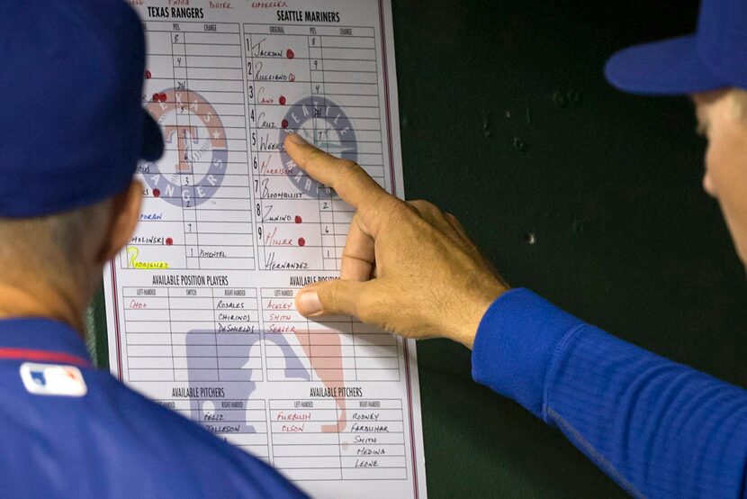 Texas Rangers manager Jeff Banister (right) and pitching coach Mike Maddux look over the...