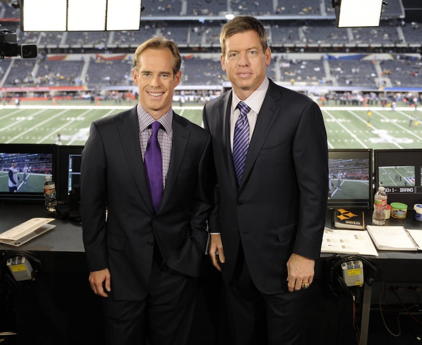 A file photo of (L-R) Game announcers Joe Buck and Troy Aikman from February 6, 2011 in...