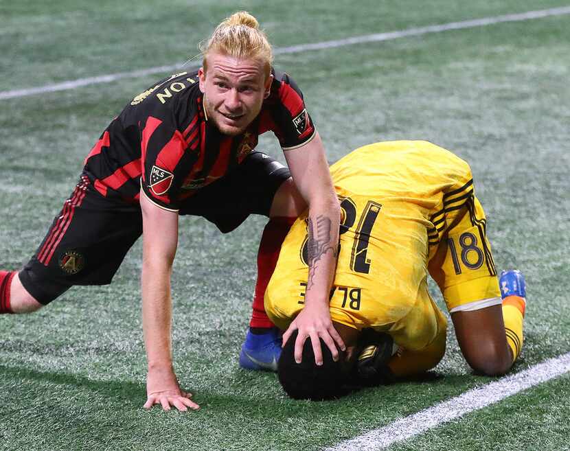 Atlanta United midfielder Andrew Carleton can't get the ball in the net as Philadelphia...