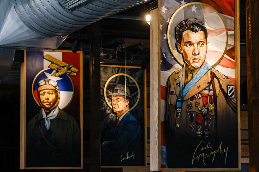 Portraits of Bessie Coleman, far left; Tom Landry, center; and Audie Murphy were painted by...