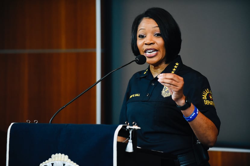 Dallas Police Chief Renee Hall conducts a press conference at Dallas Police headquarters...