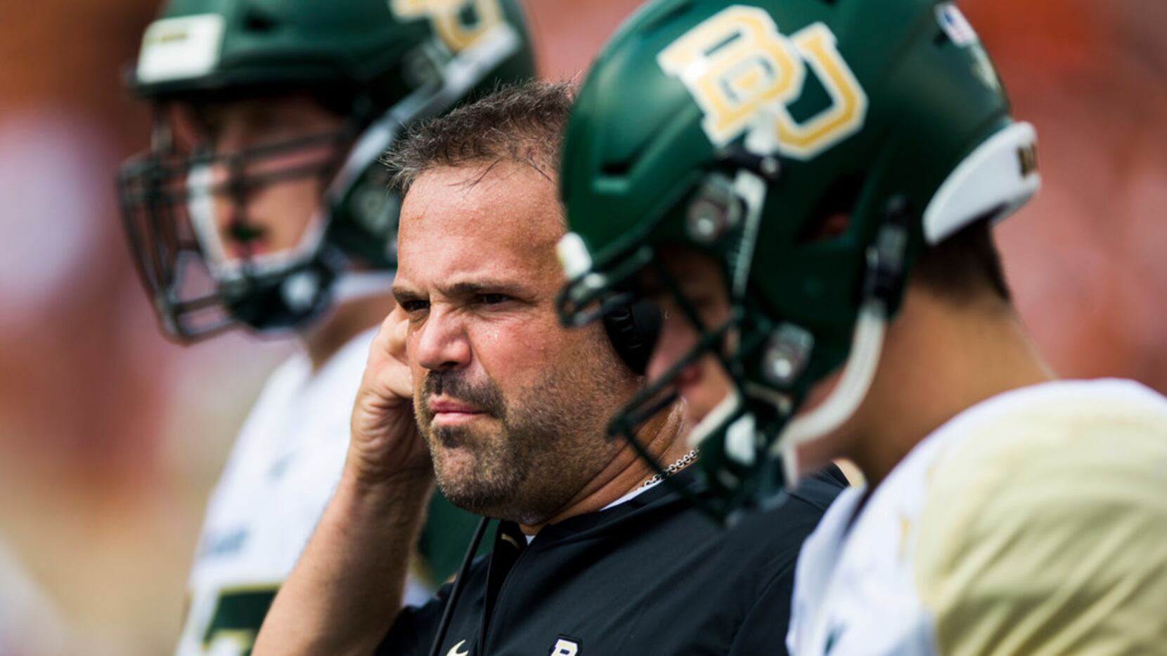 Baylor Bears head coach Matt Rhule watches from the sidelines during the first quarter of a...
