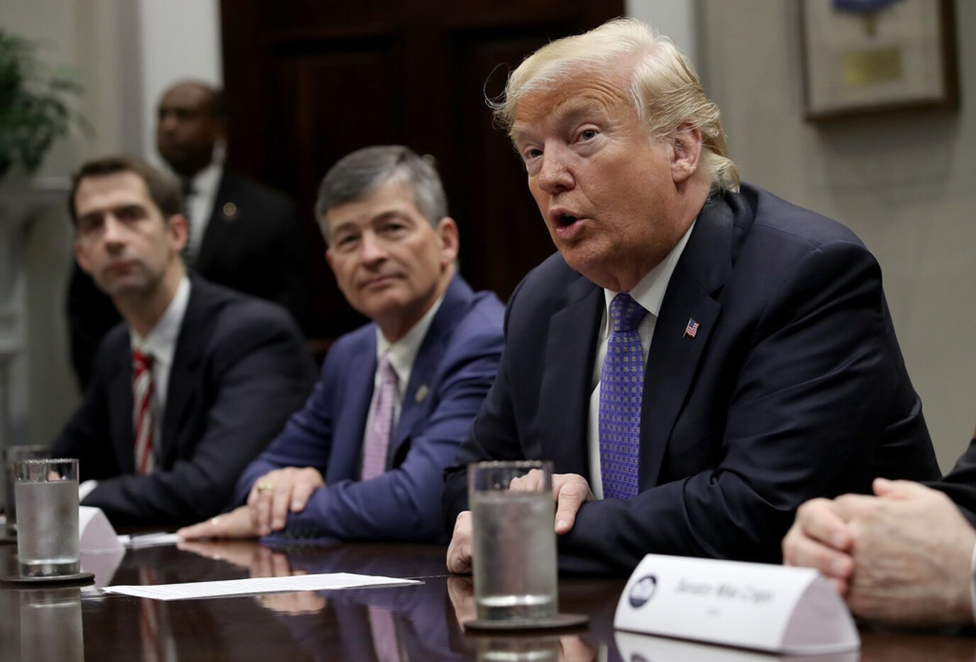 President Donald Trump speaks while meeting with members of Congress and administration...