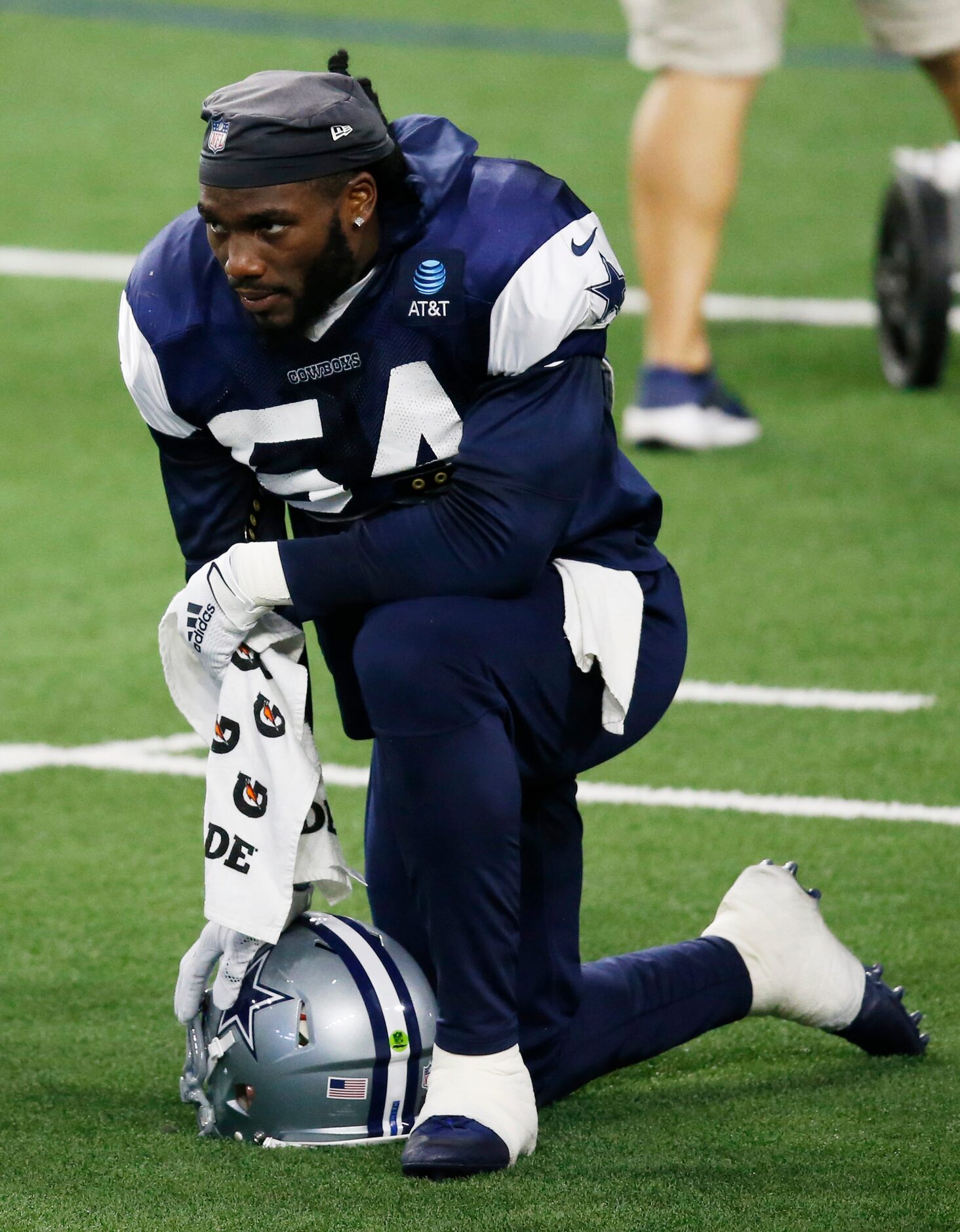 Dallas Cowboys linebacker Jaylon Smith (54) takes a break during training camp inside the...