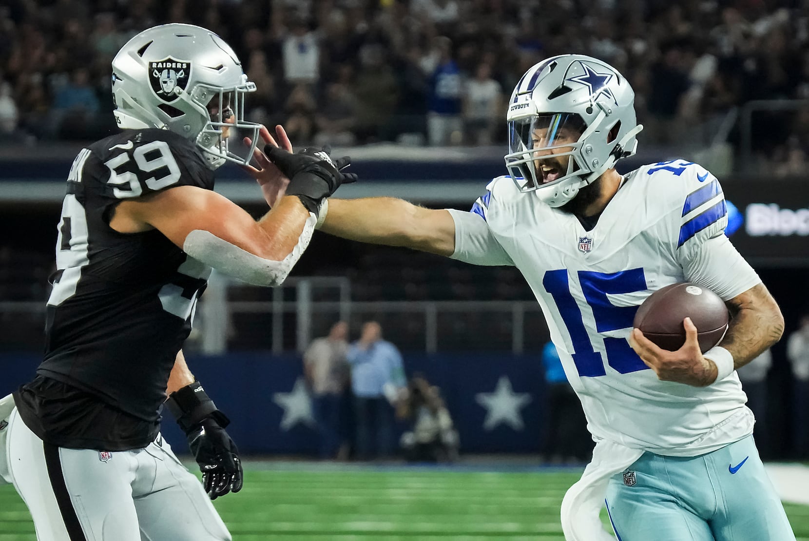 Dallas Cowboys defensive tackle Isaac Alarcon (60) is seen during the  second half of an NFL football game against the Las Vegas Raiders,  Saturday, Aug. 26, 2023, in Arlington, Texas. Dallas won