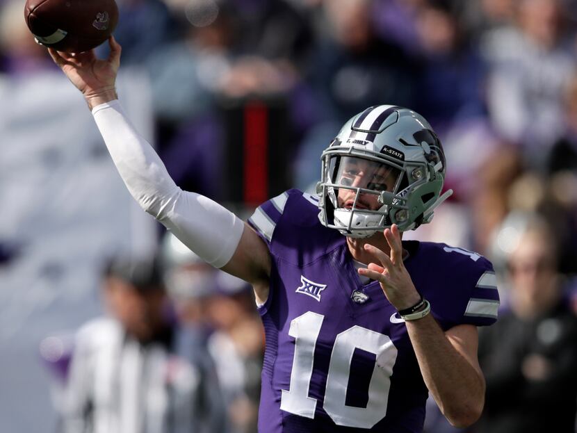 FILE - Kansas State quarterback Skylar Thompson (10) passes to a teammate during the first...