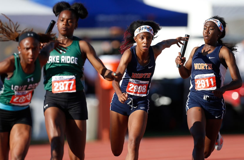 Mansfield Lake Ridge's Ariel Ford (2874) and Jasmine Moore with McKinney North's Elon'a...