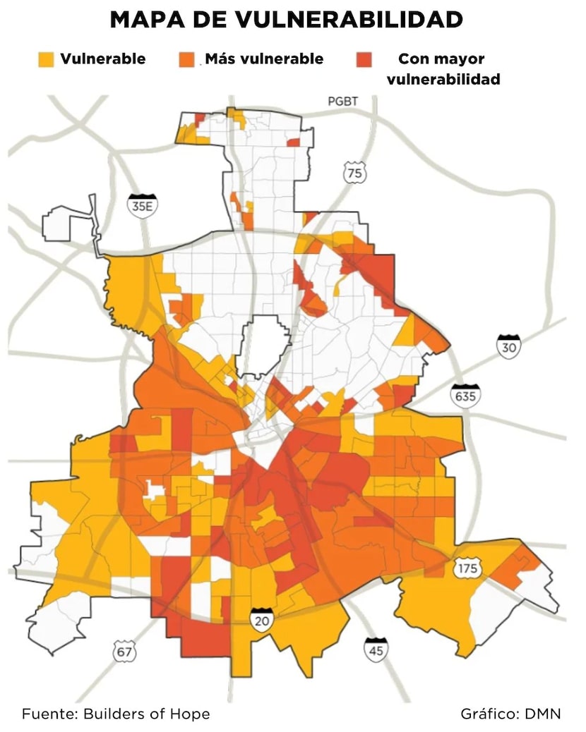 Vecindarios con más vulnerabilidad a la gentrificación en Dallas.