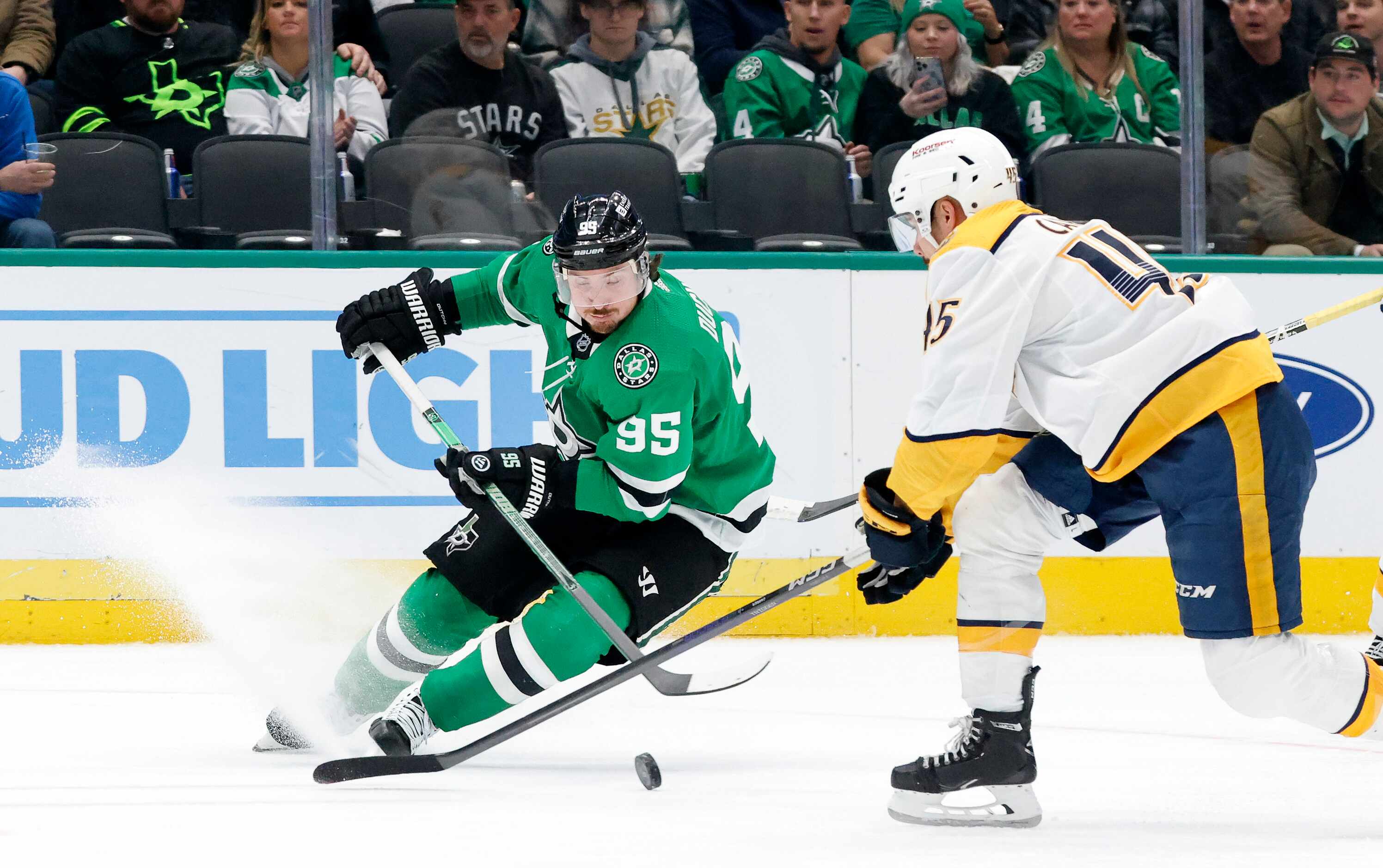 Dallas Stars center Matt Duchene (95) puts on the brakes as he tries to get the puck past...