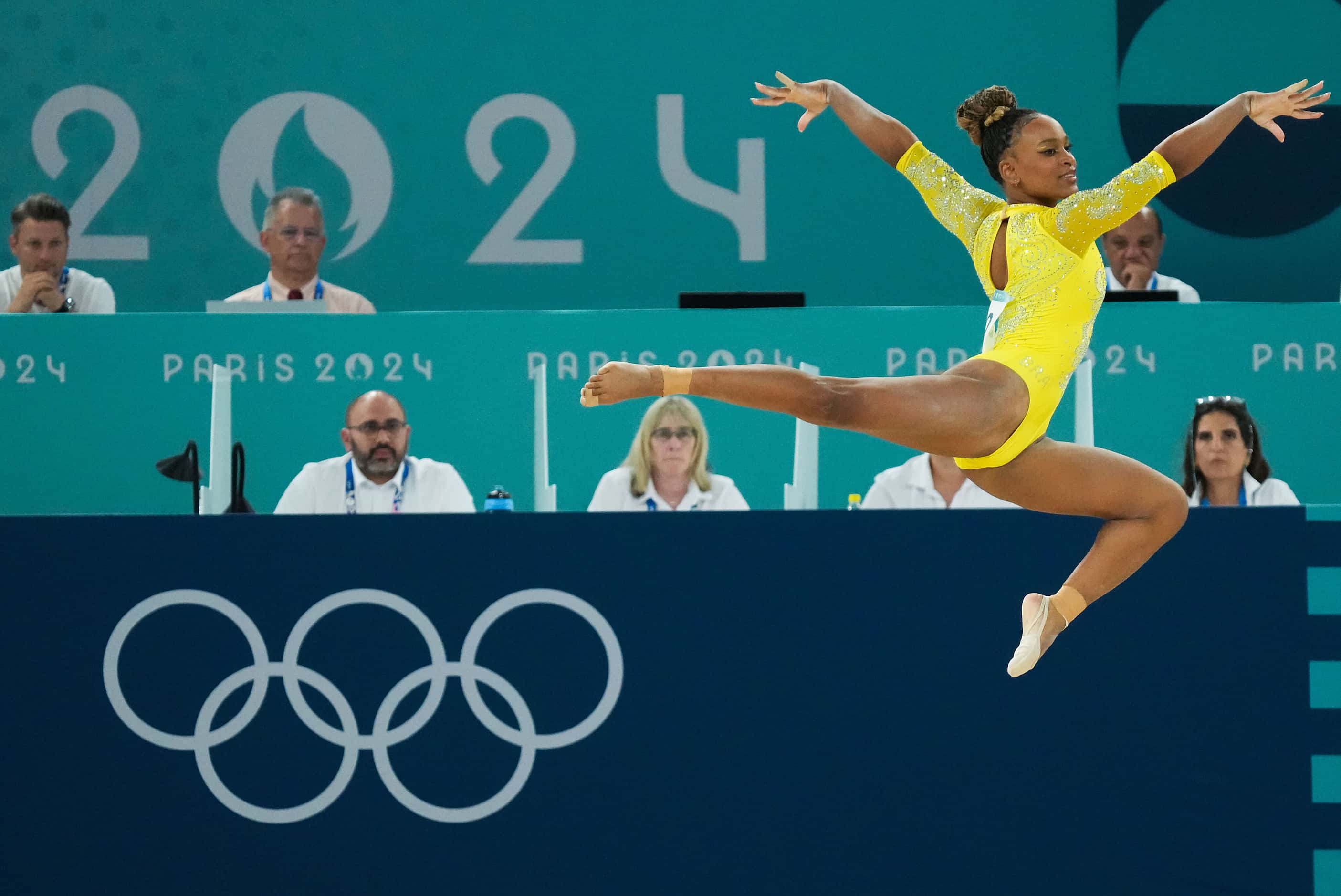Rebeca Andrade of Brazil competes on the floor during the women’s gymnastics all-around...
