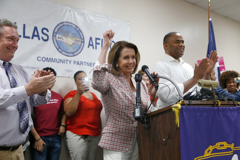Rep. Nancy Pelosi spoke during a recent rally at CWA Union Hall in Dallas.