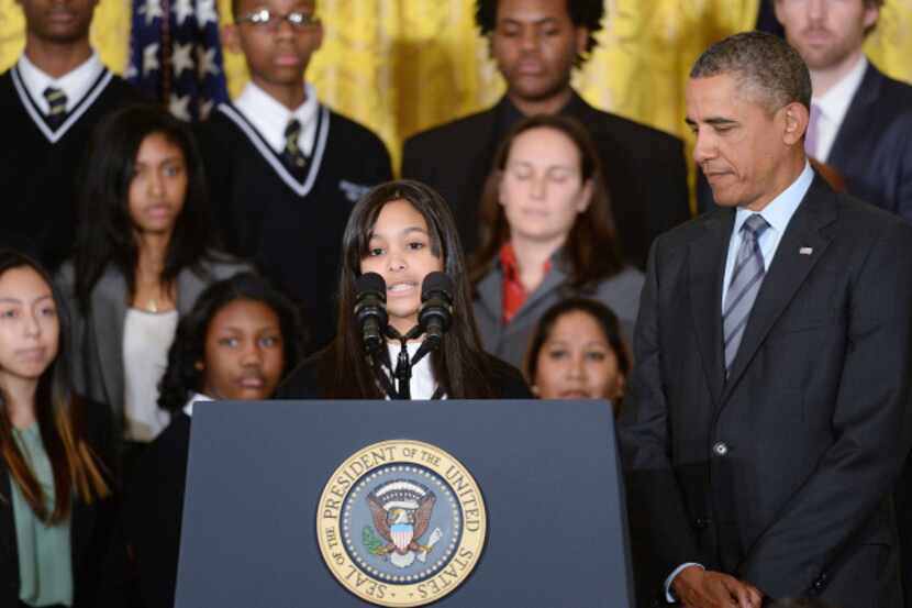 Kiara Molina, 14, of New York introduced President Barack Obama in the White House East Room...