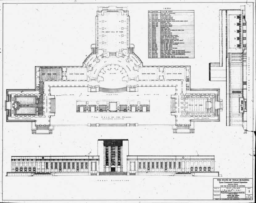 Architectural plan and elevation views of what we now call the Hall of State, labeled here...