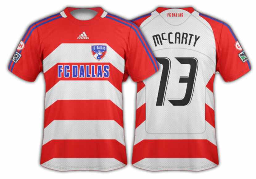 2008-09 FC Dallas red and white hoops with angled side panels primary.