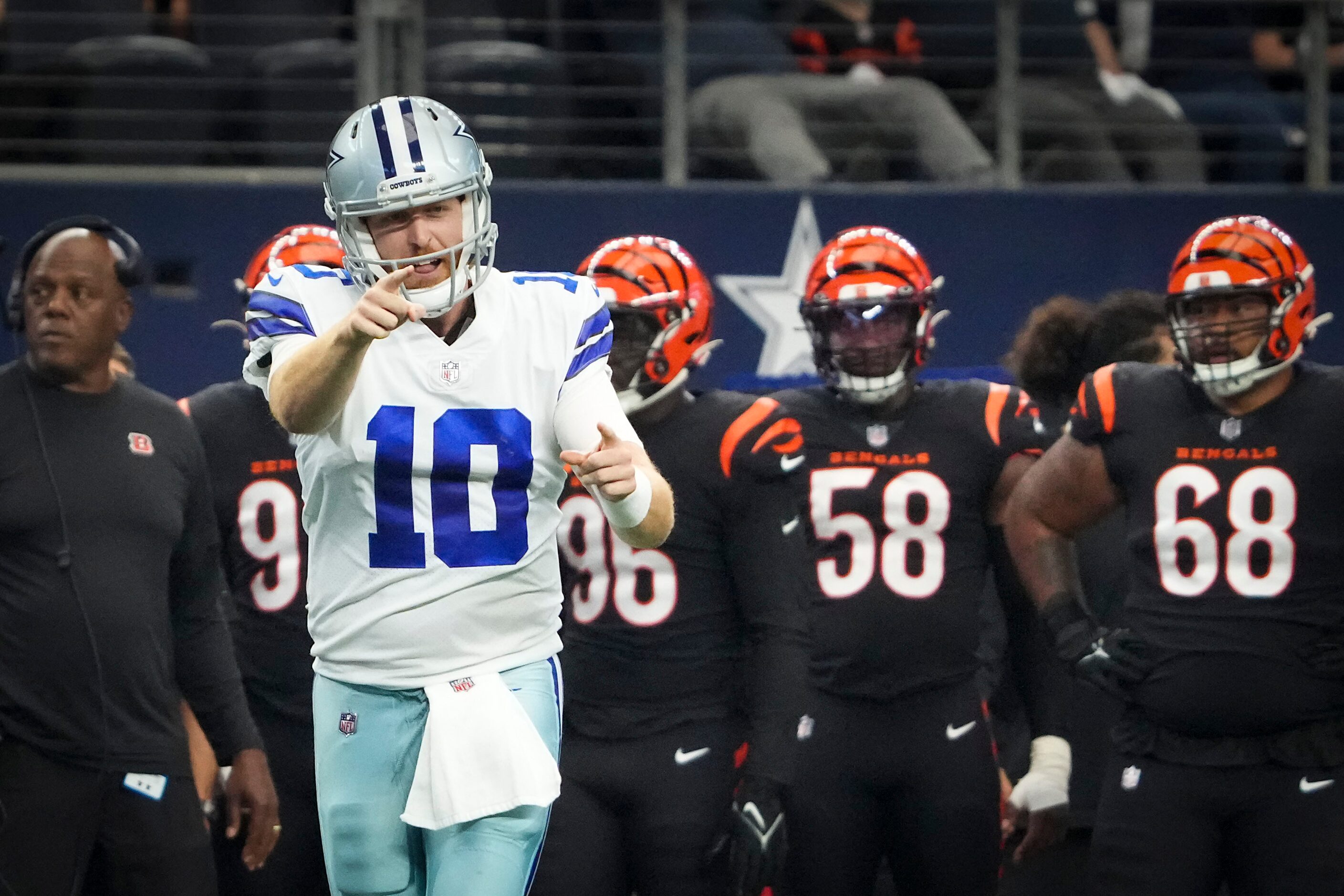 Dallas Cowboys quarterback Cooper Rush (10) celebrates after throwing a touchdown pass to...