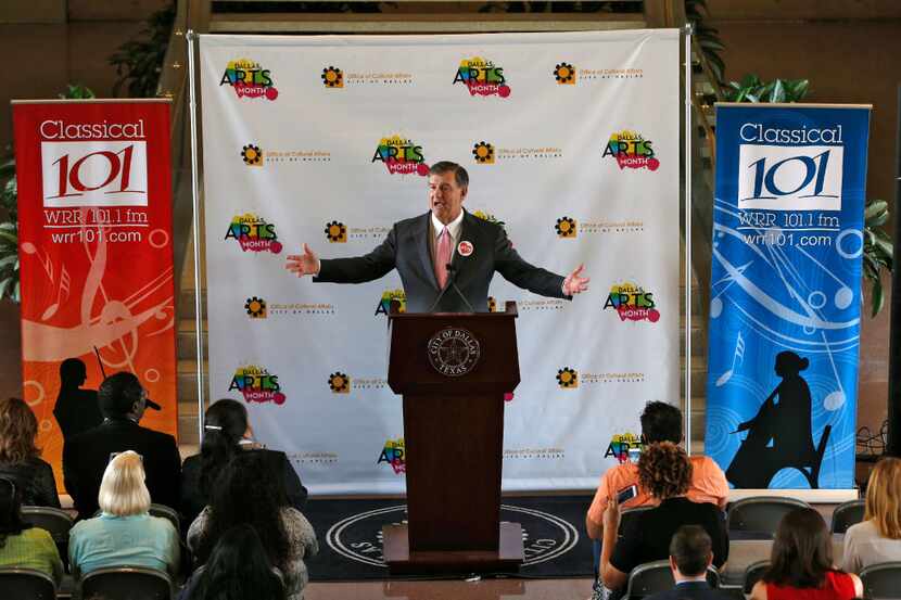 Mayor Mike Rawlings announces the first Dallas Arts Month at Dallas City Hall on March 22,...