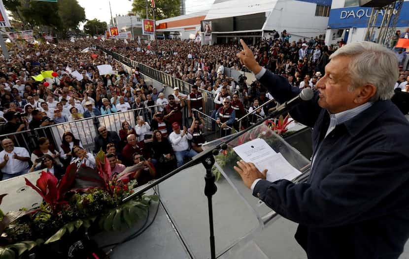 Mexican presidential candidate Andrés Manuel López Obrador delivers a speech during a Juntos...