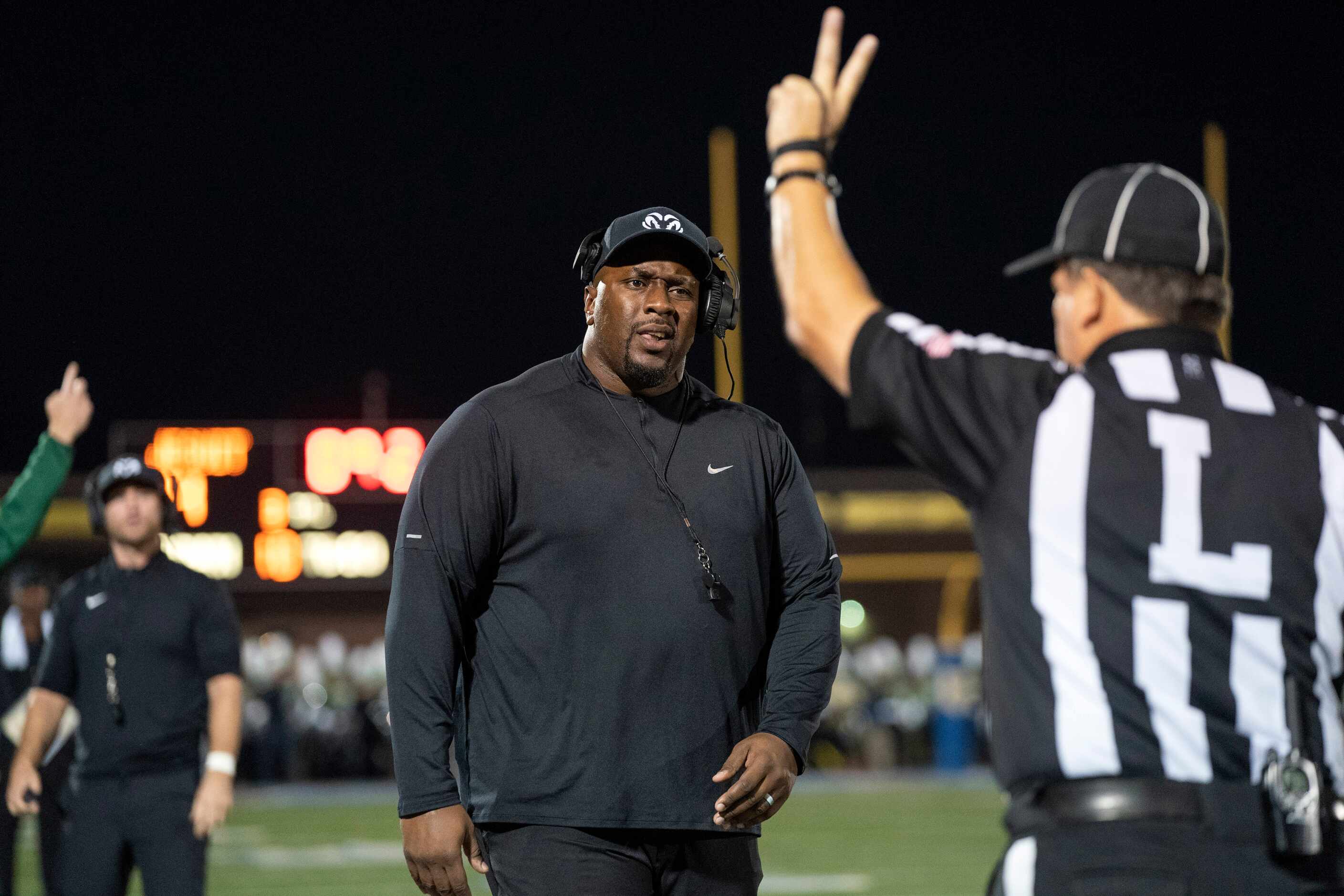 Richardson Berkner head coach Trey Bryant questions a call during the first half of a high...