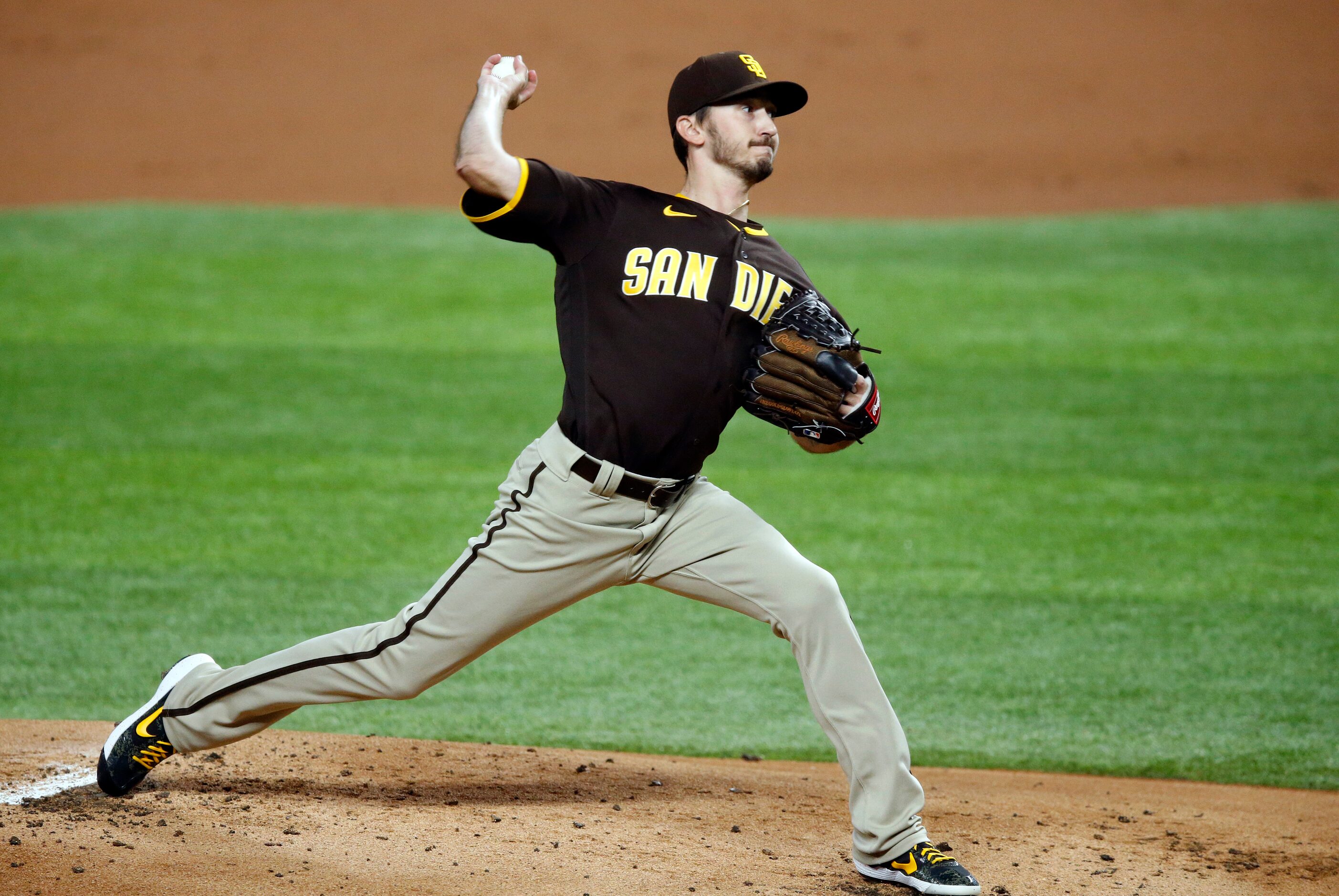 San Diego Padres starting pitcher Zach Davies (17) throws against the Texas Rangers during...