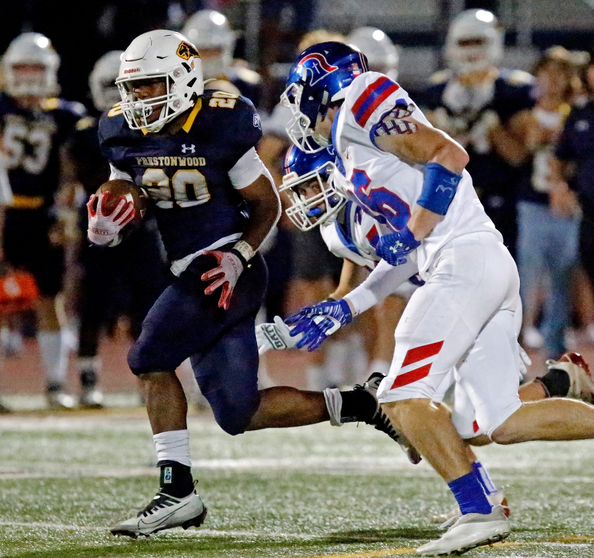 Prestonwood Christian Academy running back AJ Sibley (20) breaks away for a touchdown run...