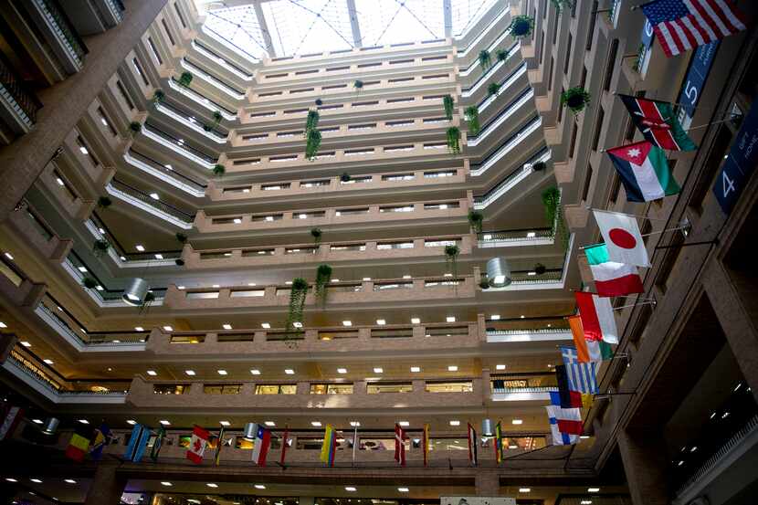 The atrium in the World Trade Center, which is a part of the Dallas Market Center. The...