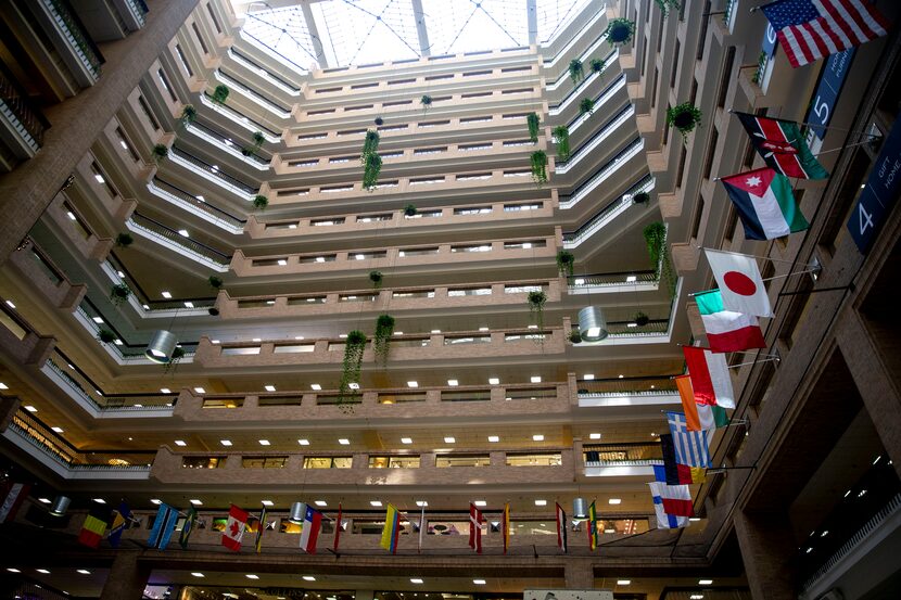 The atrium in the World Trade Center, which is a part of the Dallas Market Center. The...