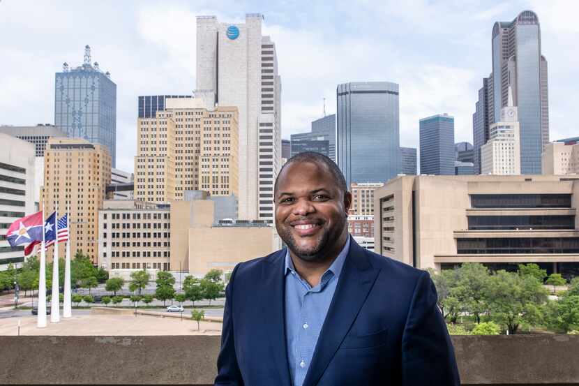 Mayor Eric Johnson on the balcony outside of his office at Dallas City Hall on Thursday...