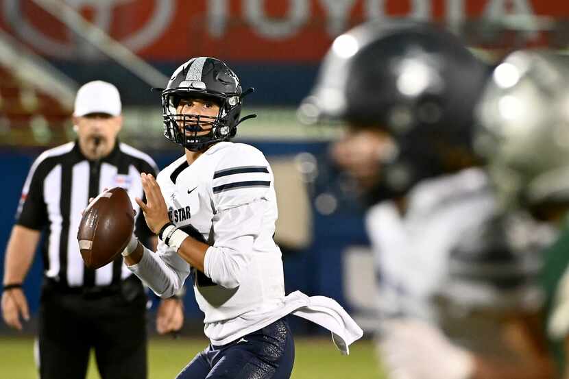 Frisco Lone Star’s Garret Rangel looks to pass in the first half of a high school football...