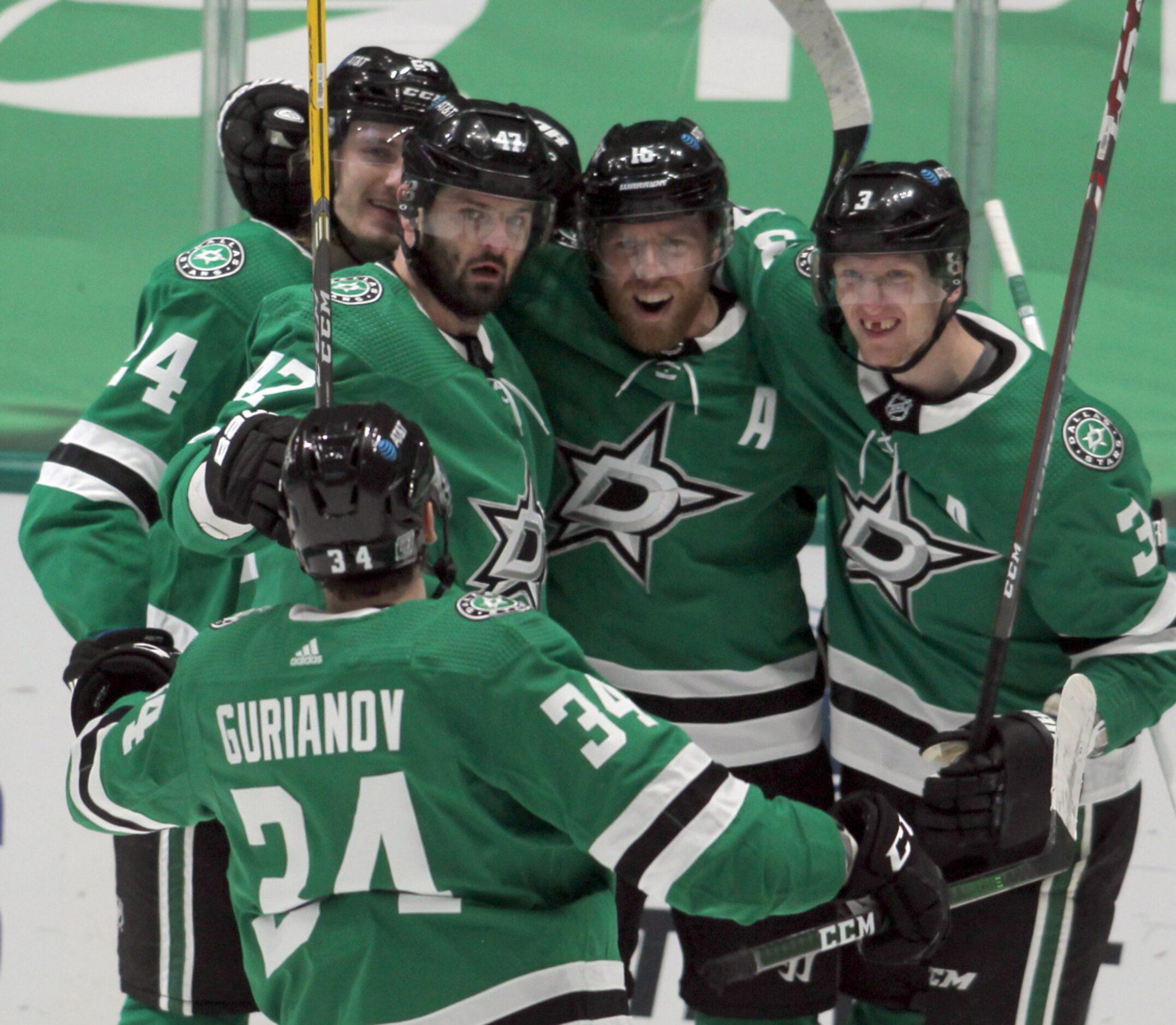 Dallas Stars forward Joe Pavelski (16), second from right, set off a celebration following...