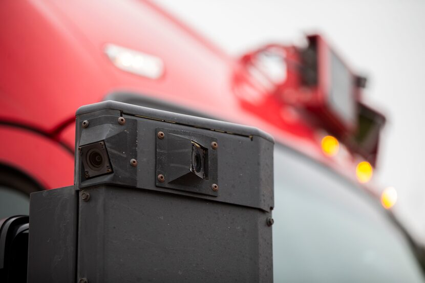 Side mirror cameras on the Kodiak Robotics semi-truck at its development warehouse in...