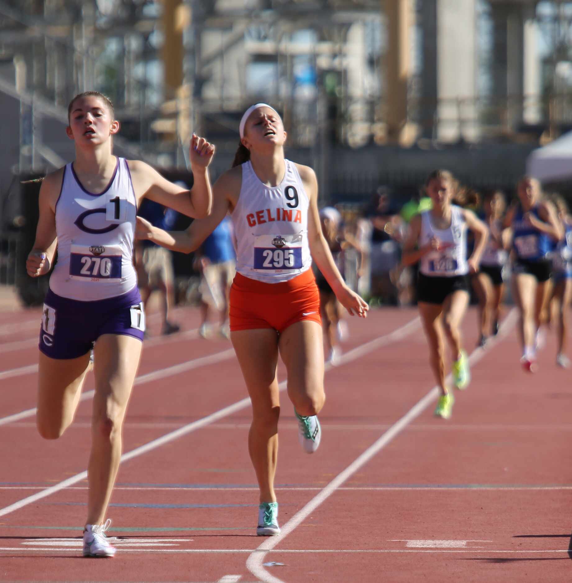 Celina's Adele Clarke places second after Canyon's Abree Winfrey
in the 4A girls 800 meters...