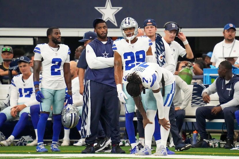 Dallas Cowboys defensive backs Trevon Diggs (7), C.J. Goodwin (29) and Jourdan Lewis (2)...