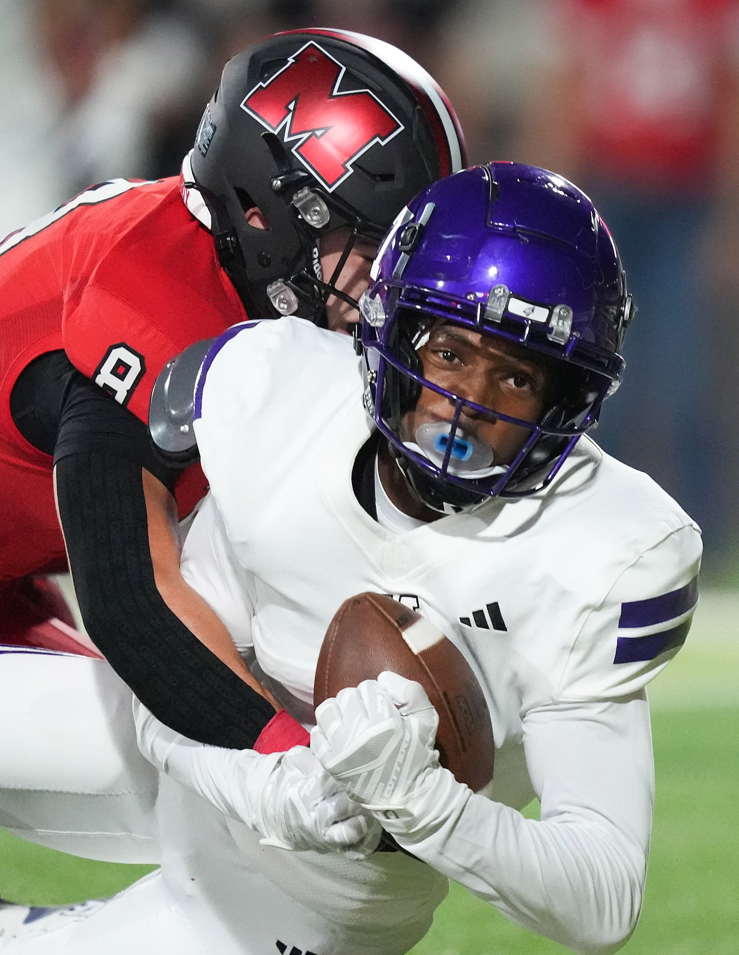 Melissa defensive back Jake Potucek (8) breaks up a pass intended for Anna’s Edward Chumley...