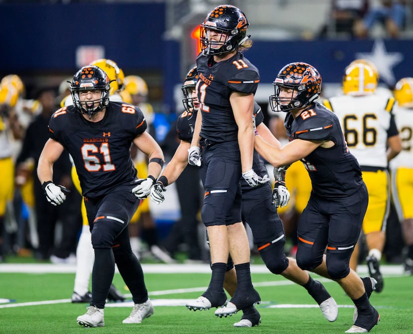 Aledo defensive back Will Greenwood (11) celebrates after recovering a fumble during the...